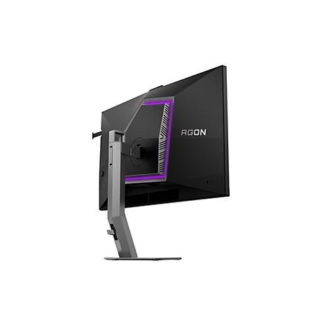 Rückansicht eines schwarzen Agon Gaming-Monitors auf einem Standfuß mit violetter LED-Beleuchtung.