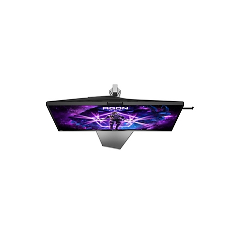 Draufsicht eines Agon Pro Gaming Monitors mit leuchtendem, violettem Sci-Fi-Display vor weißem Hintergrund.