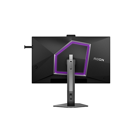 Rückseite eines schwarzen Agon Gaming-Monitors mit lila Lichtakzenten und Ständer auf weißem Hintergrund.