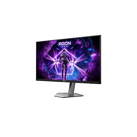 Gaming-Monitor mit schmalem Rahmen, grauem Standfuß und einem farbenprächtigen, futuristischen Spielgrafik-Display.
