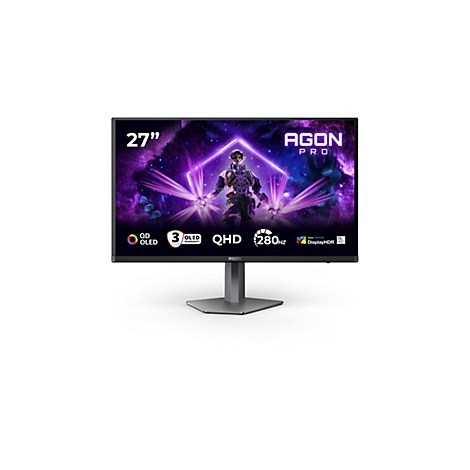 Gaming-Monitor Agon Pro 27 Zoll mit OLED-Display, QHD-Auflösung und 280Hz vor weißem Hintergrund.
