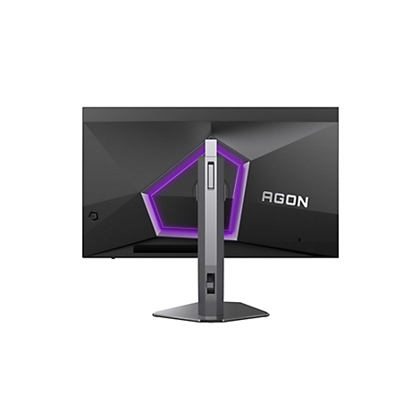 Rückseite eines schwarzen Gaming-Monitors der Marke AGON mit violettem LED-Licht und stabilem Standfuß.