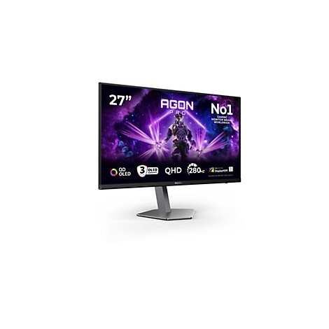 27-Zoll Agon Pro Gaming-Monitor mit QD-OLED-Display, 280Hz und QHD-Auflösung vor weißem Hintergrund.