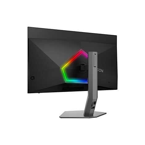 Der Monitor zeigt die Rückseite, schwarzer Bildschirm mit grauem Standfuß. Ein farbiges Licht leuchtet hinter dem Logo.