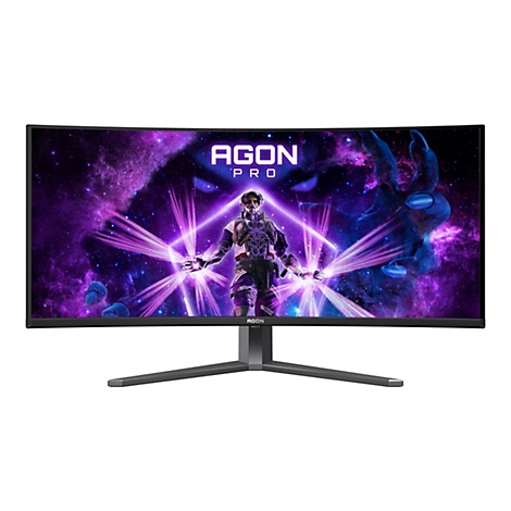 Gebogener Gaming-Monitor mit futuristischem Hintergrund, Schriftzug AGON PRO.