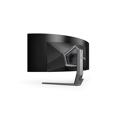 Der gebogene Gaming-Monitor in Schwarz-Grau wird von hinten und von der Seite gezeigt. Die Rückseite zeigt ein kantiges Design mit dem Logo "AGON". Der Standfuß ist grau.