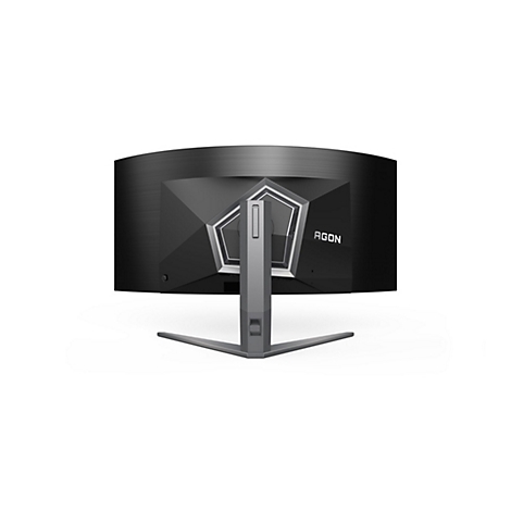 Rückansicht eines schwarzen AGON-Monitors mit silberfarbenem Standfuß. Das AGON-Logo ist deutlich sichtbar.