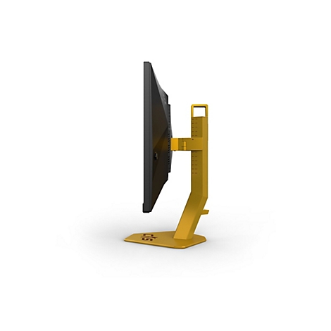 Ein Computermonitor in Seitenansicht. Der Monitor hat einen schwarzen Bildschirm und einen gelben Ständer mit Skala.