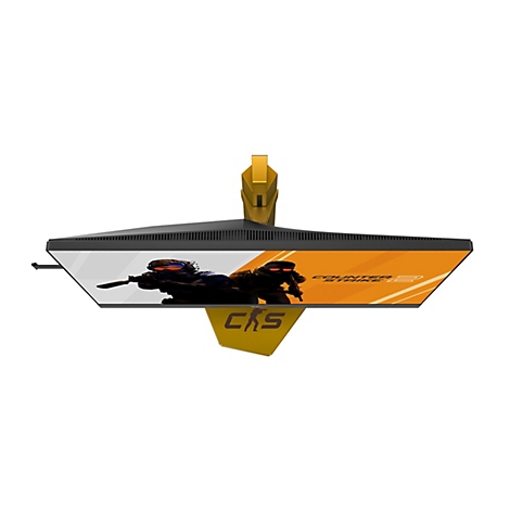 Von oben fotografierter Gaming-Monitor mit Counter Strike-Grafik, gelbem Standfuß und Branding.