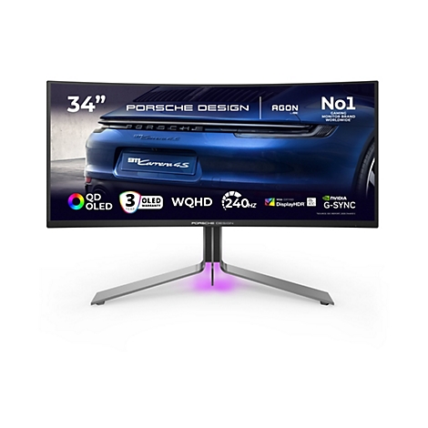 34-Zoll Porsche Design AGON Curved Gaming-Monitor mit leuchtendem Standfuß und technischer Spezifikationsgrafik.