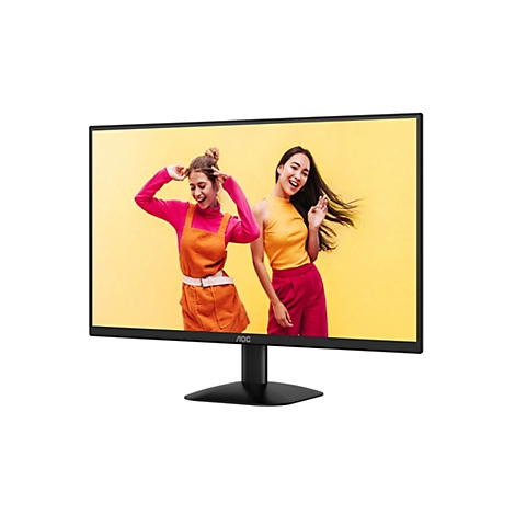 Un moniteur AOC noir affiche deux femmes souriantes sur un fond jaune. Le moniteur est isolé sur un fond blanc.