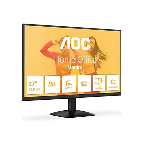 Moniteur AOC noir avec fond jaune représentant deux femmes souriantes. Des informations sont affichées à l'écran.