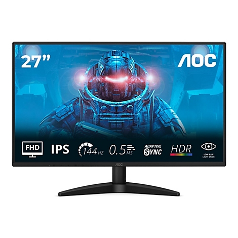Moniteur AOC noir avec écran de 27 pouces, affichant un casque de science-fiction sur fond bleu. Avec FHD, IPS, 144 Hz et HDR.