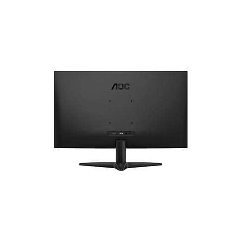 Rückseite eines schwarzen AOC-Monitors, Logo oben, Anschlüsse unten.