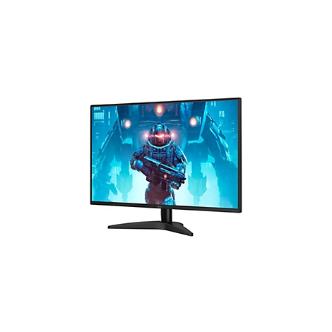 Ein schwarzer Gaming-Monitor mit futuristischem Bildschirmhintergrund. Der Monitor steht auf einem schwarzen Fuß. Auf dem Bildschirm ist ein Soldat in einem Kampfanzug zu sehen.