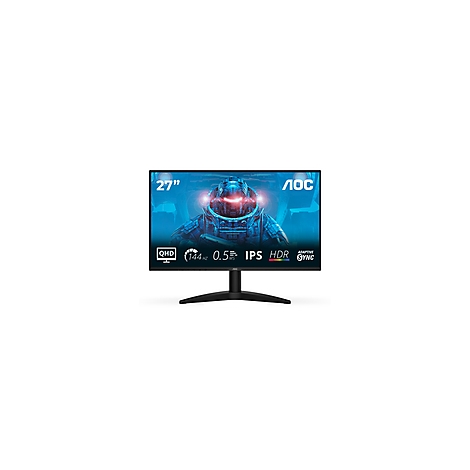 Ein schwarzer AOC-Monitor mit einem 27-Zoll-Display zeigt ein futuristisches Bild mit einem Raumfahrer. Auf der Vorderseite sind technische Spezifikationen aufgeführt.