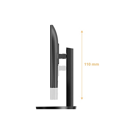 Vue latérale d'un moniteur noir avec support. Une flèche jaune indique la hauteur de 110 mm.