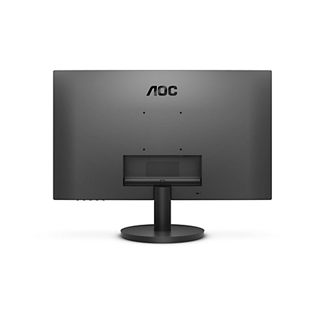 Rückseite eines schwarzen AOC-Monitors, der auf einem weißen Hintergrund steht. Das AOC-Logo ist oben zentriert.