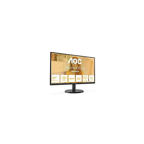Ein schwarzer AOC Home Office Monitor mit weißem Schriftzug und Symbolen. 27 Zoll und 68,6 cm stehen links.