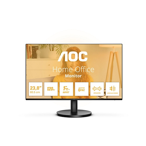 AOC Home Office Monitor. Frau im Hintergrund. Auf dem Monitor sind Angaben zu Größe, Hz, Reaktionszeit und Funktionen, wie Lautsprecher und Blaulichtfilter, abgebildet.