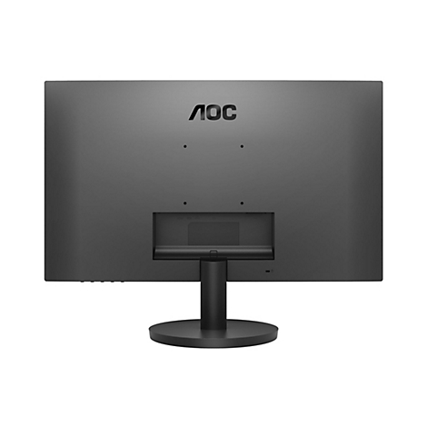 Rückansicht eines schwarzen AOC-Monitors auf einem Standfuß vor weißem Hintergrund.
