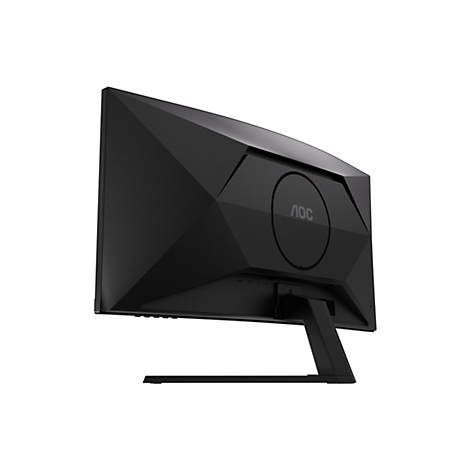 Schwarzer AOC-Monitor von hinten, schräg von unten fotografiert. Auf dem Gehäuse befindet sich das AOC-Logo.