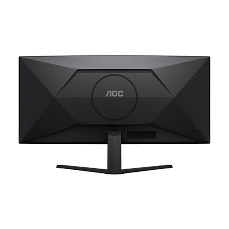 Rückseite eines schwarzen AOC-Monitors, der auf einem weißen Hintergrund steht. Das AOC-Logo ist deutlich zu sehen.