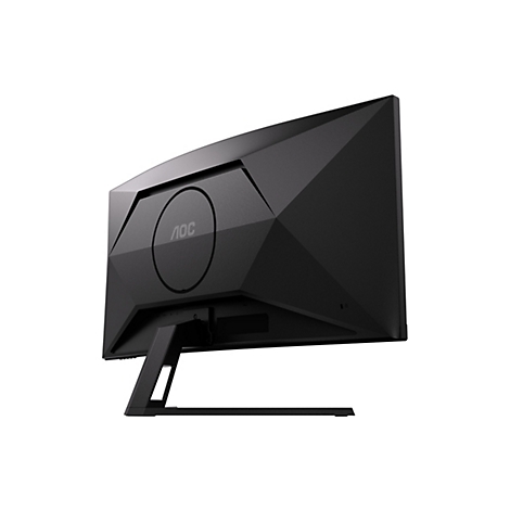 Schwarzer Monitor von hinten, mit AOC Logo auf der Rückseite und geometrischem Design.