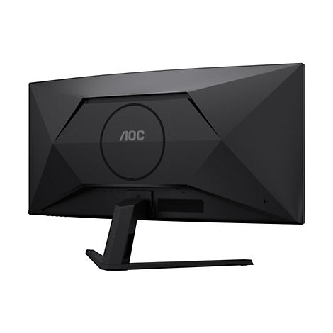 Rückansicht eines schwarzen Monitors. Logo "AOC" auf rundem Feld. Anschlüsse und Monitorfuß sichtbar.