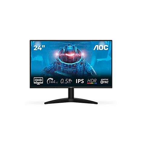 AOC 24 Zoll Gaming Monitor vor weißem Hintergrund mit leuchtendem Sci-Fi-Gaming-Bildschirminhalt.