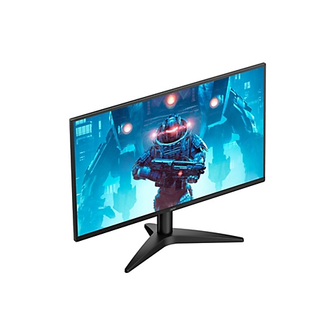 Ein schwarzer AOC-Monitor mit einem futuristischen Sci-Fi-Bildschirm. Der Monitor steht vor weißem Hintergrund.