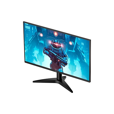 Ein schwarzer Gaming-Monitor mit futuristischem Hintergrundbild, das einen Soldaten mit Waffe zeigt. Der Monitor hat einen schwarzen Standfuß.