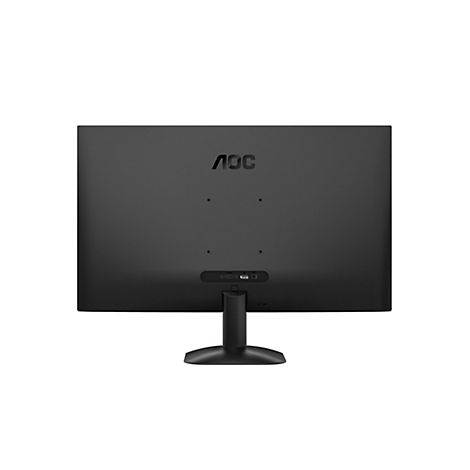 Rückansicht eines schwarzen AOC-Monitors mit Anschlussbuchsen und Ständer. Logo oben.