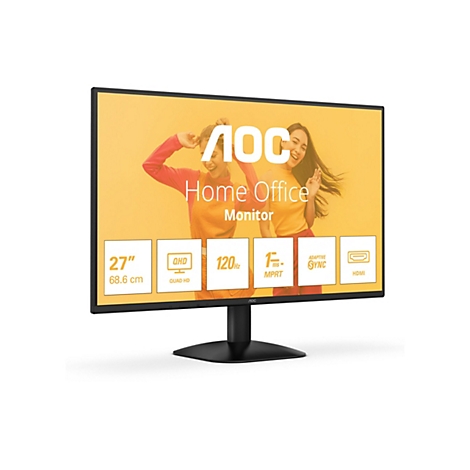 AOC Home Office Monitor. Schwarzer Monitor, auf dem gelben Hintergrund zwei lächelnde Frauen abgebildet sind. Die wichtigsten Spezifikationen des Monitors sind: 27 Zoll, QHD, 120 Hz, 1 ms MPRT, Adaptive Sync und HDMI.