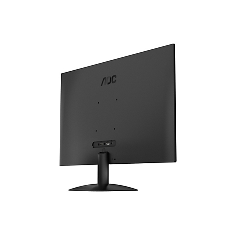 Rückansicht eines schwarzen AOC-Monitors mit Standfuß. Sichtbar sind Anschlüsse und das AOC-Logo.