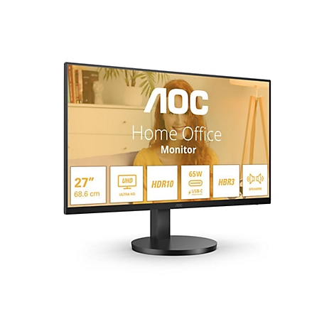 AOC Home Office Monitor. Schwarzer Monitor, auf dem eine Frau in einem Home-Office-Szenario zu sehen ist. Größenangaben, UHD, HDR10 und weitere Features werden hervorgehoben.