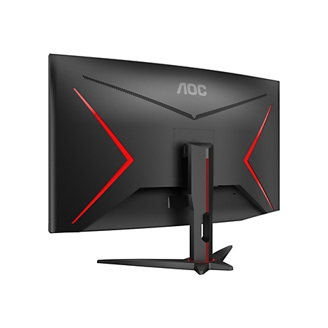 Der schwarze AOC-Monitor mit roten Designelementen wird von hinten und leicht schräg von unten fotografiert. Auf dem Monitor ist das AOC-Logo zu sehen.