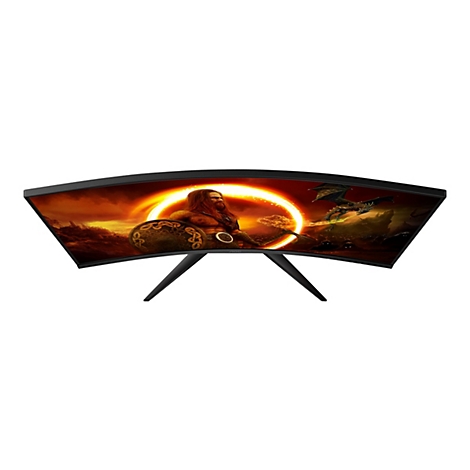 Ein Gaming Monitor mit einem gebogenen Bildschirm, der ein Fantasy-Szenario zeigt. Im Display ein Krieger und ein Drache, dazu ein AOC-Logo.