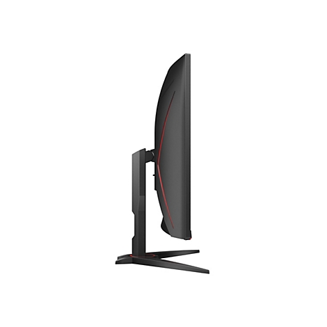 Seitenansicht eines schwarzen Gaming-Monitors mit roten Akzenten und gebogenem Bildschirm.