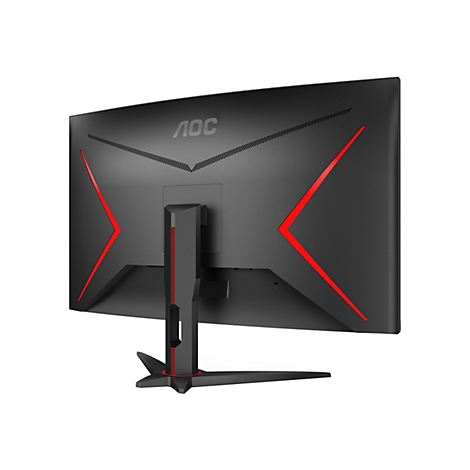 Rückansicht eines schwarzen AOC-Monitors mit roten Akzenten. Das AOC-Logo ist deutlich sichtbar.