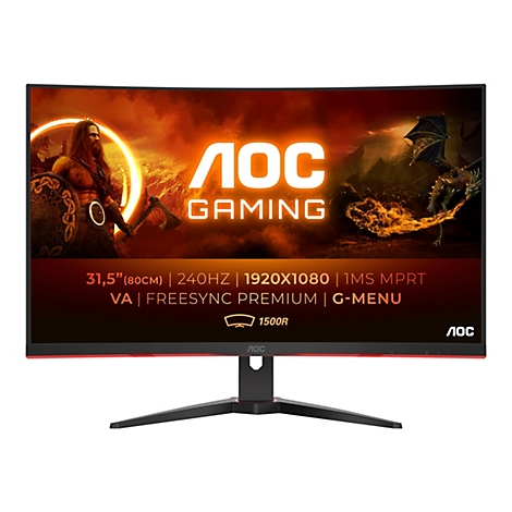 Ein gebogener AOC Gaming Monitor, der mit einem Wikinger-Krieger und Drachen-Grafiken im Hintergrund wirbt. Unten stehen technische Spezifikationen.