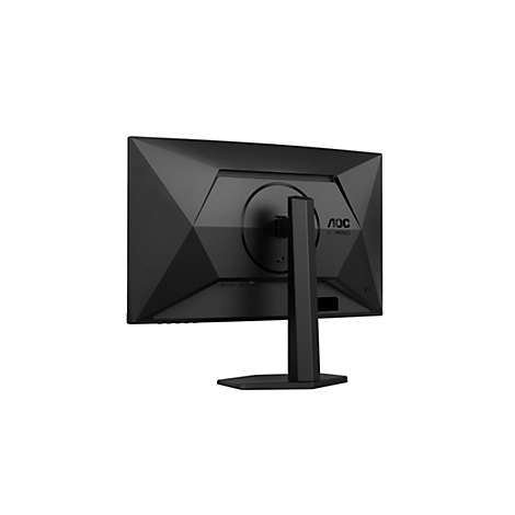 Moniteur de jeu noir de derrière, vue en angle. Lettrage AOC Gaming. Dos géométrique. Ports en bas.