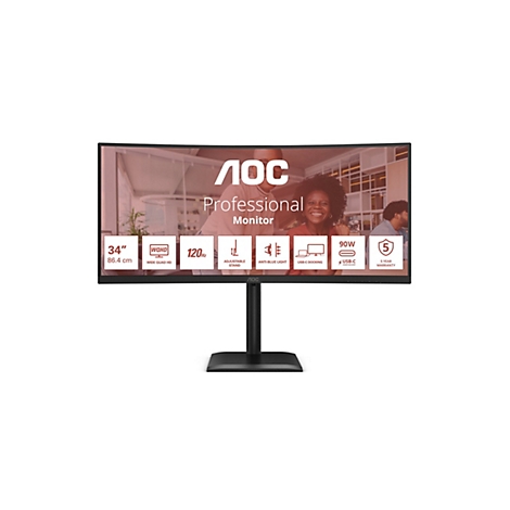 Ein schwarzer, geschwungener AOC Professional Monitor. Auf dem Bildschirm sind technische Spezifikationen und eine lächelnde Frau zu sehen.