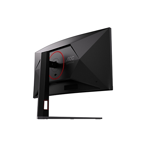 Rückansicht eines schwarzen AOC Gaming-Monitors mit rotem Ringdetail und Standfuß vor weißem Hintergrund.