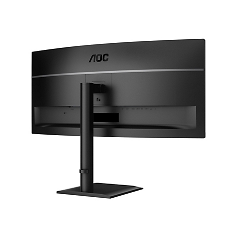 Schwarzer Monitor von hinten mit AOC-Logo. Anschlüsse für Strom, HDMI, USB und DisplayPort sichtbar.