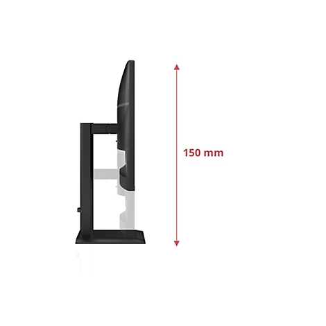 Vue latérale d'un écran noir avec support. Une flèche rouge avec l'étiquette '150 mm' indique la hauteur.