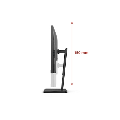 Seitenansicht eines schwarzen Monitors mit einer Messlinie von 150 mm. Der Monitor steht auf einem schwarzen Standfuß.