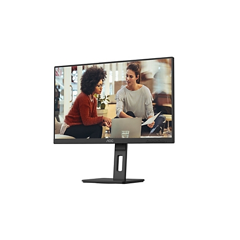 Schwarzer AOC-Monitor auf einem Standfuß, der eine Szene mit zwei Frauen bei der Arbeit am Laptop anzeigt.