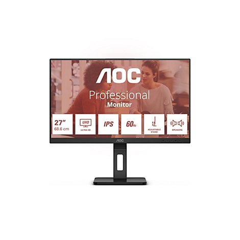 AOC 27-Zoll Professional Monitor mit UHD, IPS-Panel und integrierten Lautsprechern auf einem Standfuß.