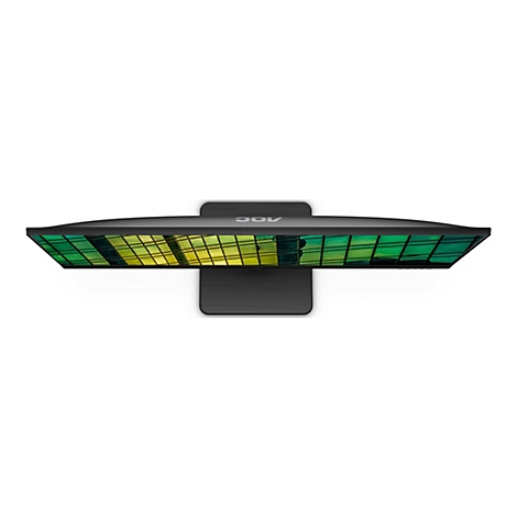 Draufsicht auf einen schwarzen Monitor mit grün-gelbem Bildschirm. Der Monitor hat den Schriftzug AOC. Der Fuß ist rechteckig und gerillt.